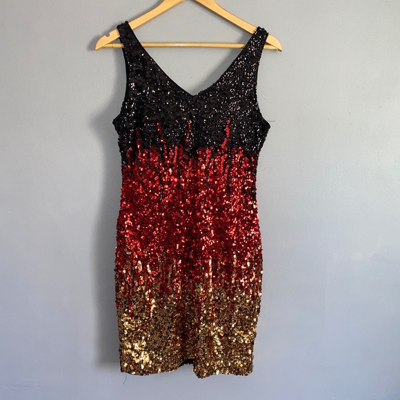 PRETTY GUIDE V-back All Over Sequins Party Dress Sleeveless Black Red Gold - Picture 6 of 11